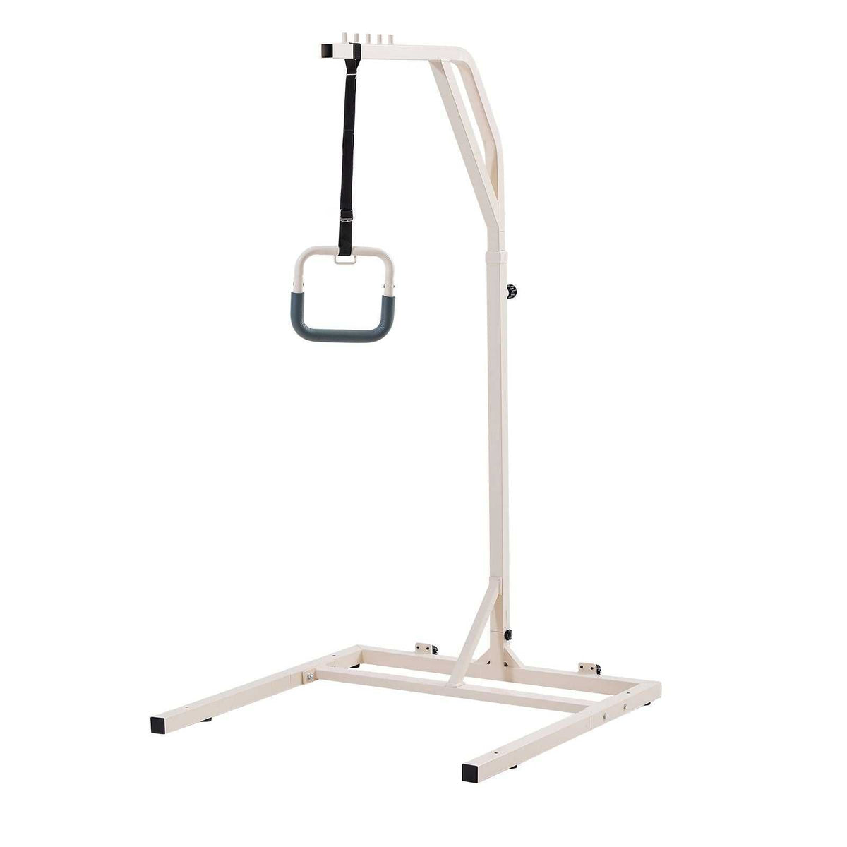 Height-adjustable trapeze bar for bed mobility with wheels, sturdy steel frame, and 300lbs capacity for elderly and disabled care