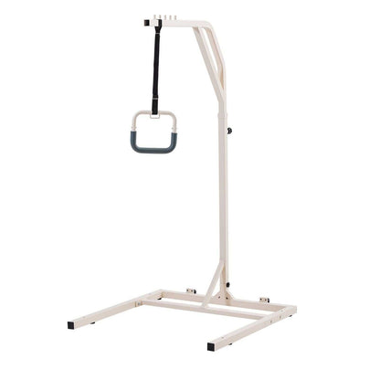 Height-adjustable trapeze bar for bed mobility with wheels, sturdy steel frame, and 300lbs capacity for elderly and disabled care
