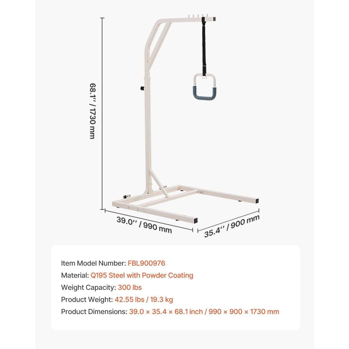 Height-adjustable trapeze bar for bed mobility with wheels, 300lbs capacity, for elderly and disabled care