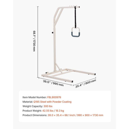 Height-adjustable trapeze bar for bed mobility with wheels, 300lbs capacity, for elderly and disabled care