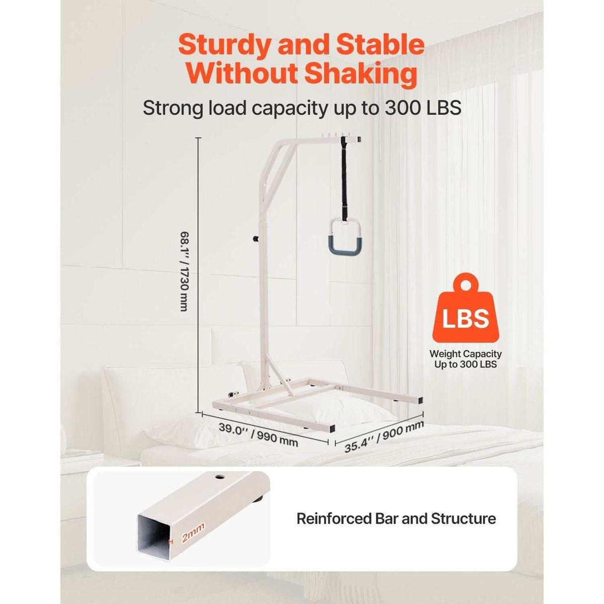 Height-adjustable trapeze bar for bed mobility with wheels and 300 lbs capacity for elderly and disabled care