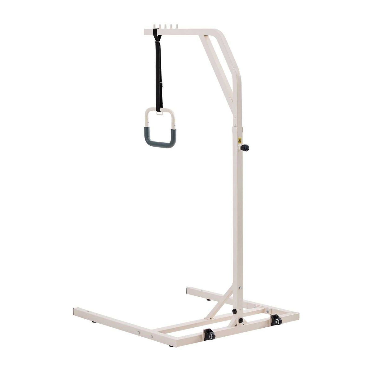 Height-adjustable trapeze bar for bed mobility with wheels and 300 lbs capacity, ideal for elderly and disabled care.