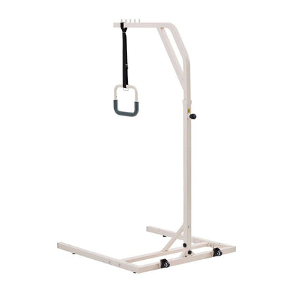 Height-adjustable trapeze bar for bed mobility with wheels and 300 lbs capacity, ideal for elderly and disabled care.