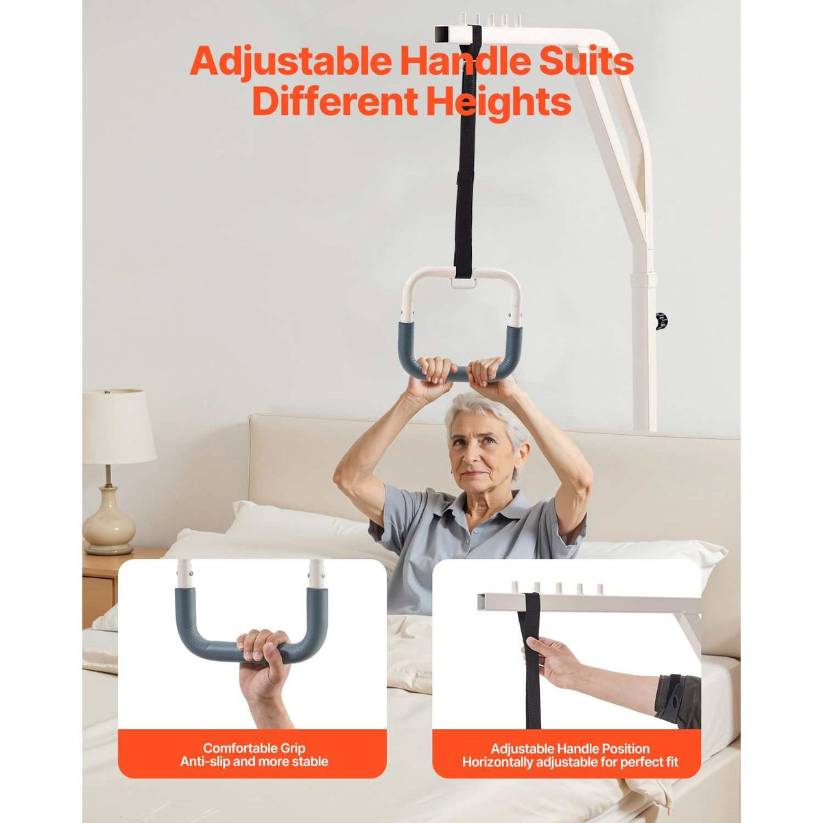 Height-adjustable trapeze bar for bed mobility with wheels, sturdy support for elderly and disabled users