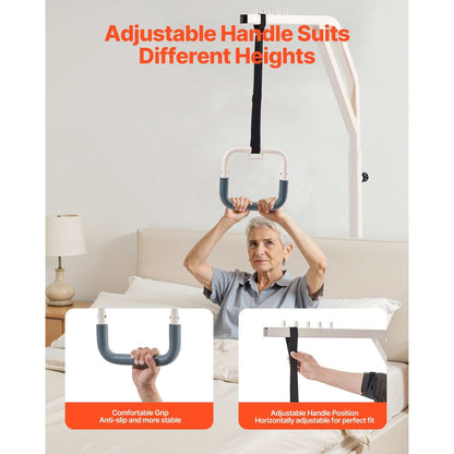 Height-adjustable trapeze bar for bed mobility with wheels, sturdy support for elderly and disabled users