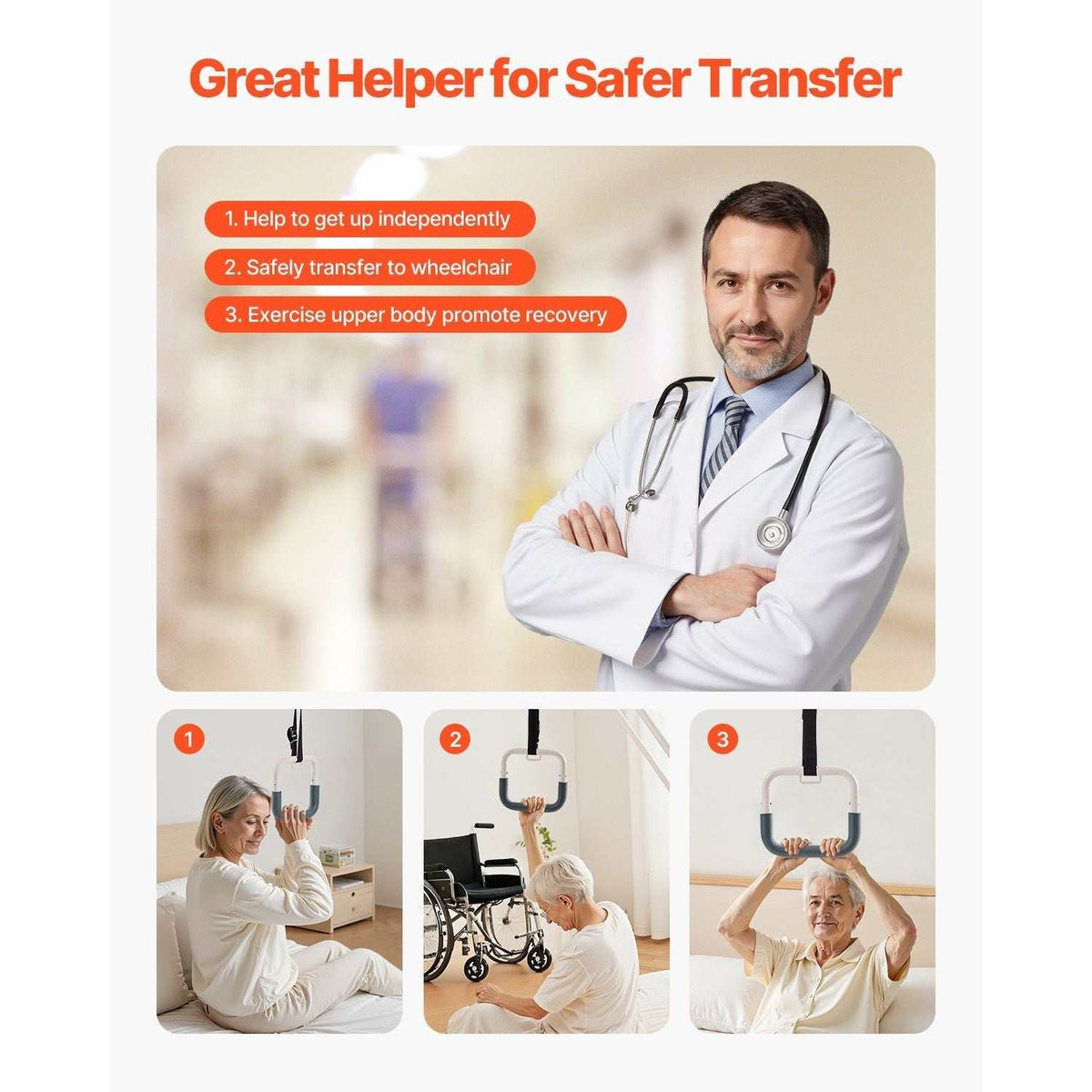 Height-adjustable trapeze bar for bed mobility with wheels and 300 lbs capacity for elderly and disabled care