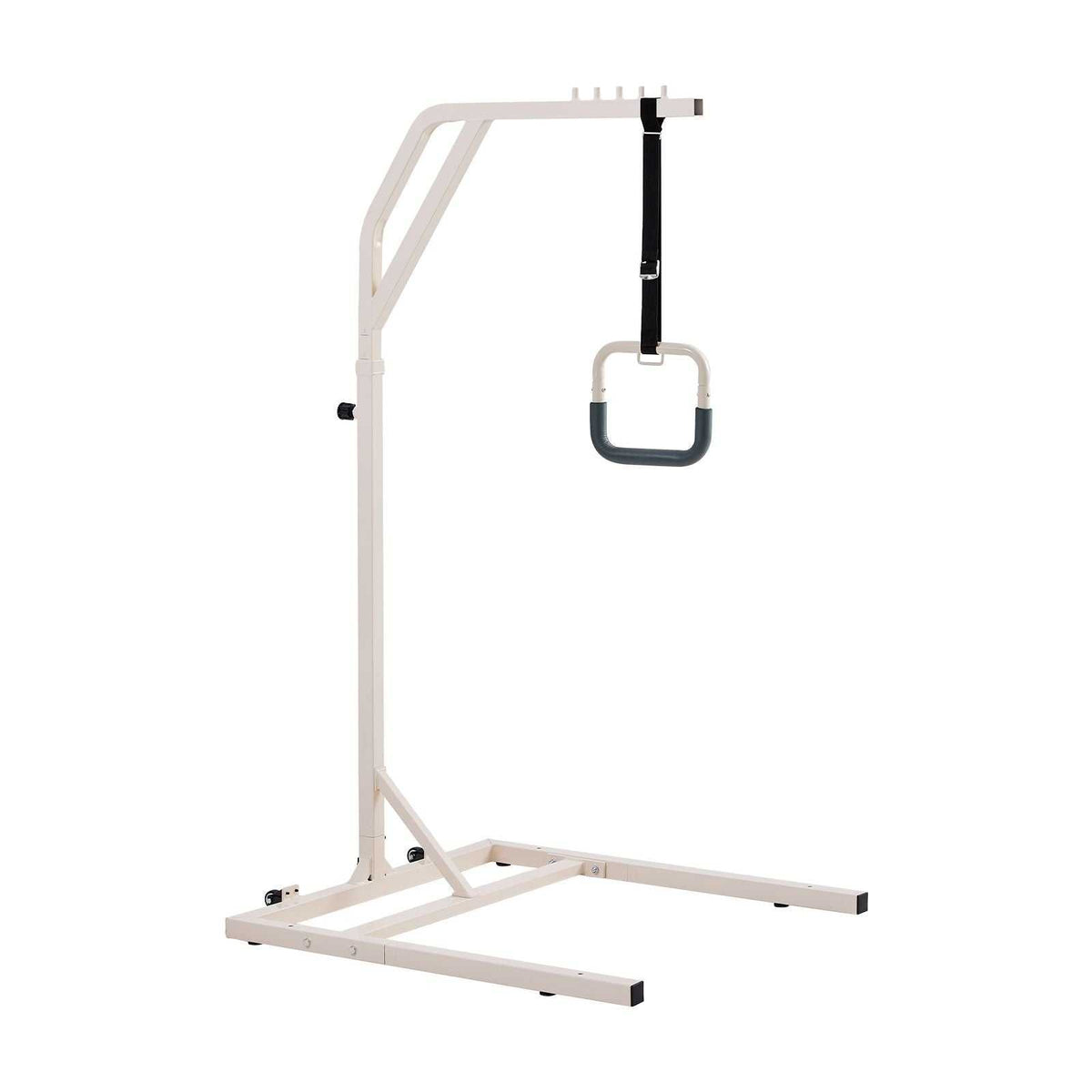 Height-adjustable trapeze bar for bed with wheels, 300lbs capacity, sturdy steel frame for elderly and disabled mobility assistance in home and healthcare settings