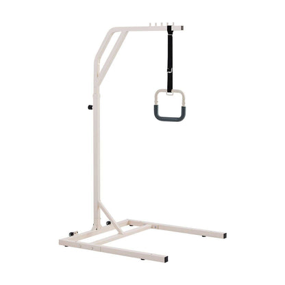 Height-adjustable trapeze bar for bed with wheels, 300lbs capacity, sturdy steel frame for elderly and disabled mobility assistance in home and healthcare settings