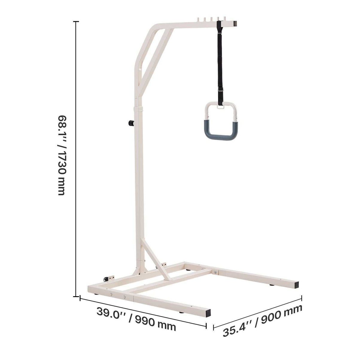 Height-adjustable trapeze bar for bed mobility with wheels, sturdy steel frame, and 300lbs capacity for elderly and disabled care