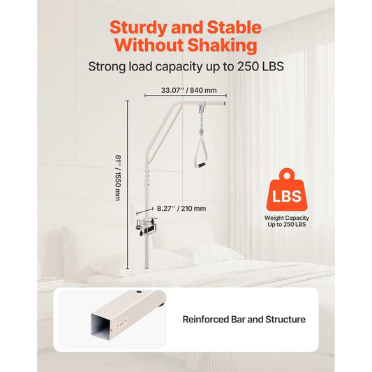 Trapeze bar for bed with clamps and metal chain, heavy-duty support for elderly and disabled, adjustable height pull-up assist