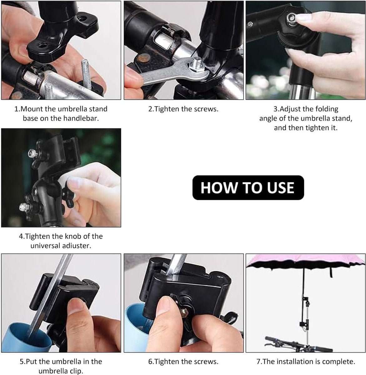 Adjustable universal umbrella holder mounted on a bicycle for sun and rain protection