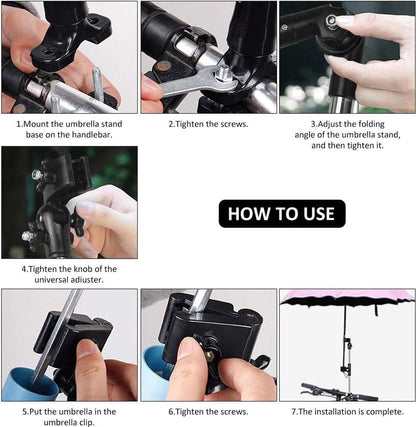 Adjustable universal umbrella holder mounted on a bicycle for sun and rain protection