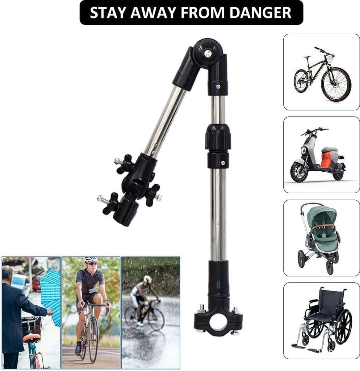 Universal umbrella holder mounted on a bicycle, adjustable and foldable for all-weather protection
