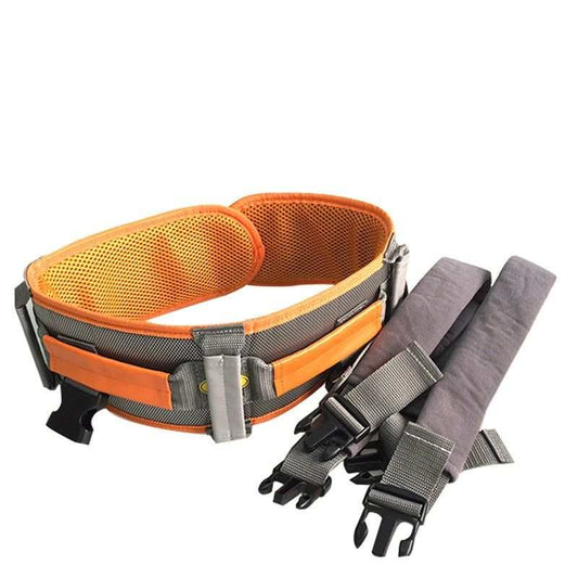 Orange buckle gait belt with detachable leg straps for elderly mobility and transfer assistance