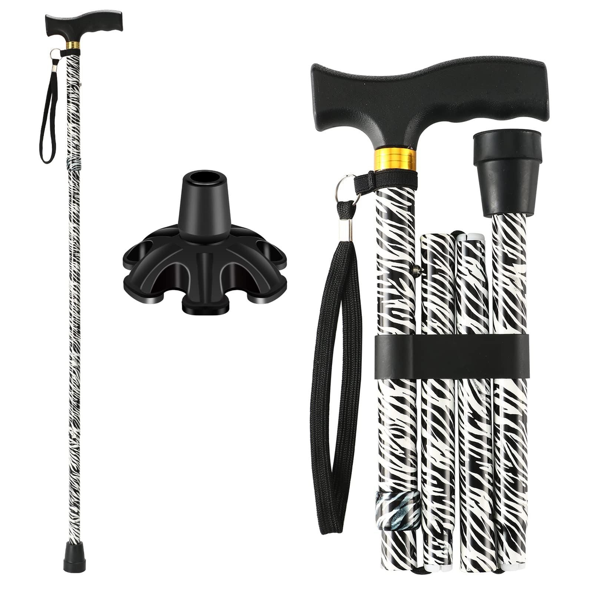 Adjustable lightweight collapsible walking cane with ergonomic T-handle and non-slip base