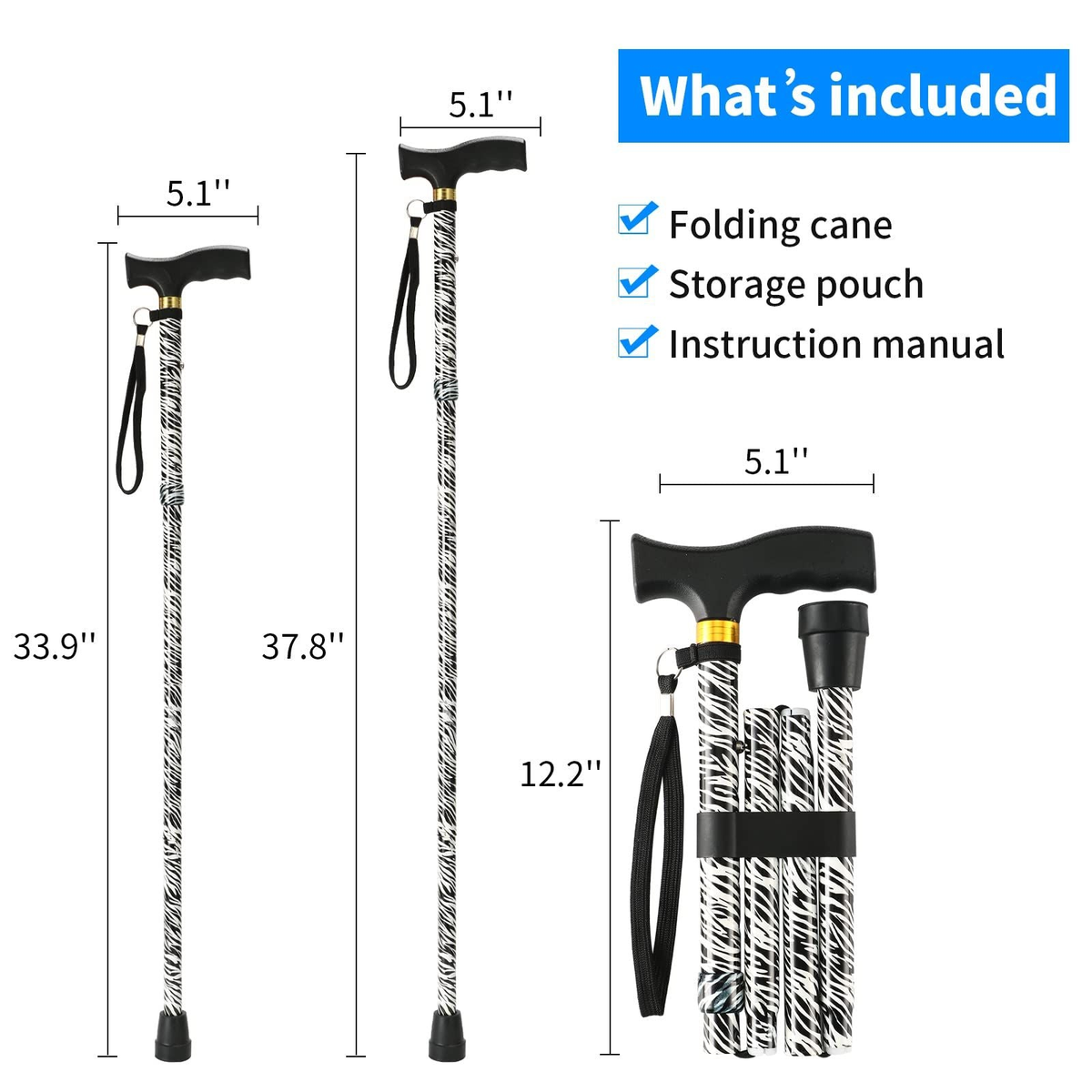 Adjustable folding walking cane with T-handle and non-slip base for men and women