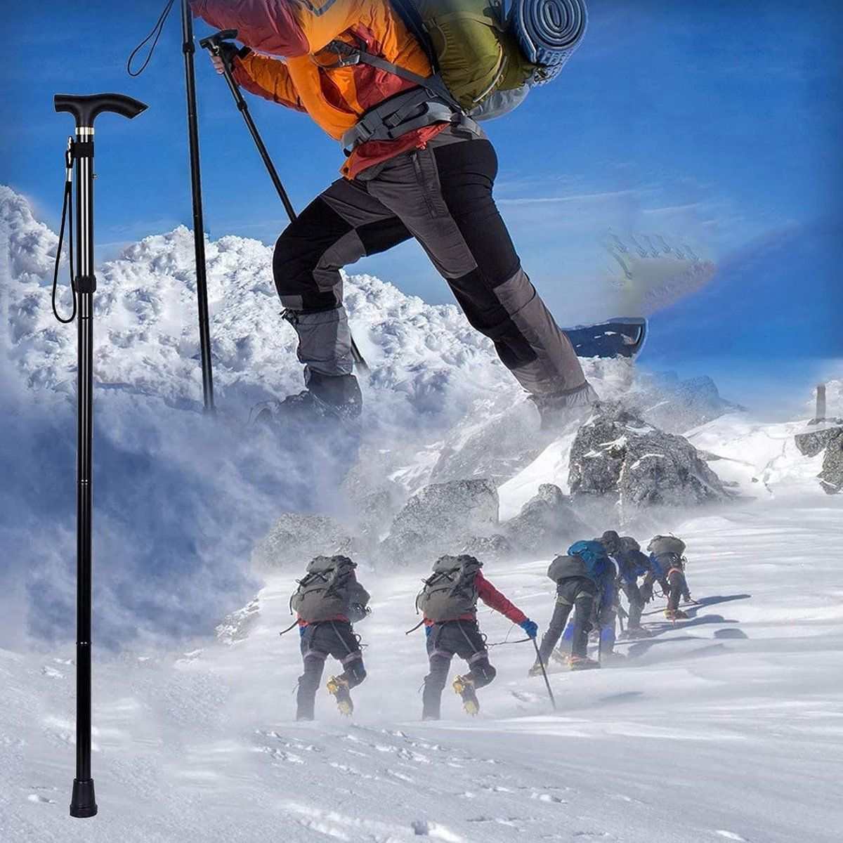 Ergonomic folding walking stick with ultragrip handle, lightweight aluminum frame, rotatable all-terrain base, and shock-absorbing rubber layers for mobility support and self-defense