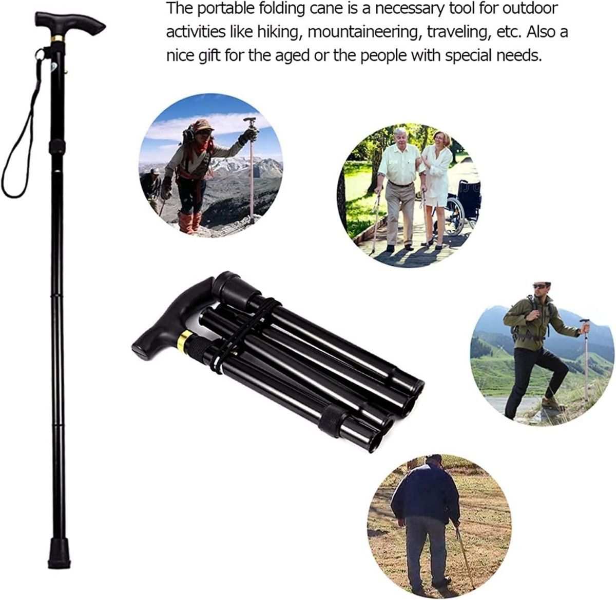 Ergonomic folding walking stick with ultragrip handle, rotatable all-terrain base, and shock-absorbing design for mobility support and self-defense