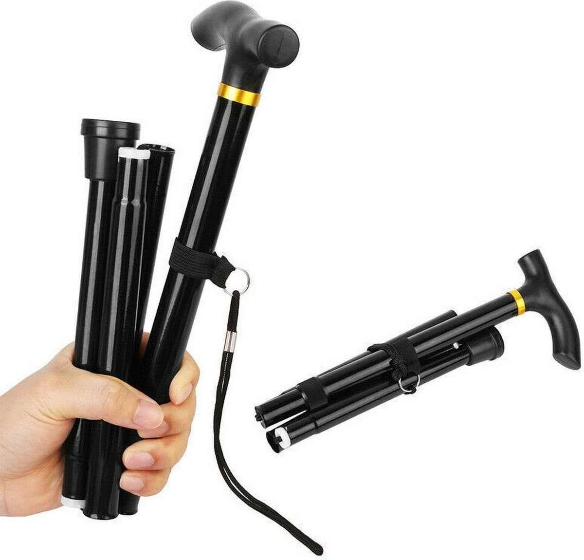 Ergonomic folding walking stick with ultragrip handle, rotatable all-terrain base, and shock-absorbing rubber layers for mobility support and self-defense