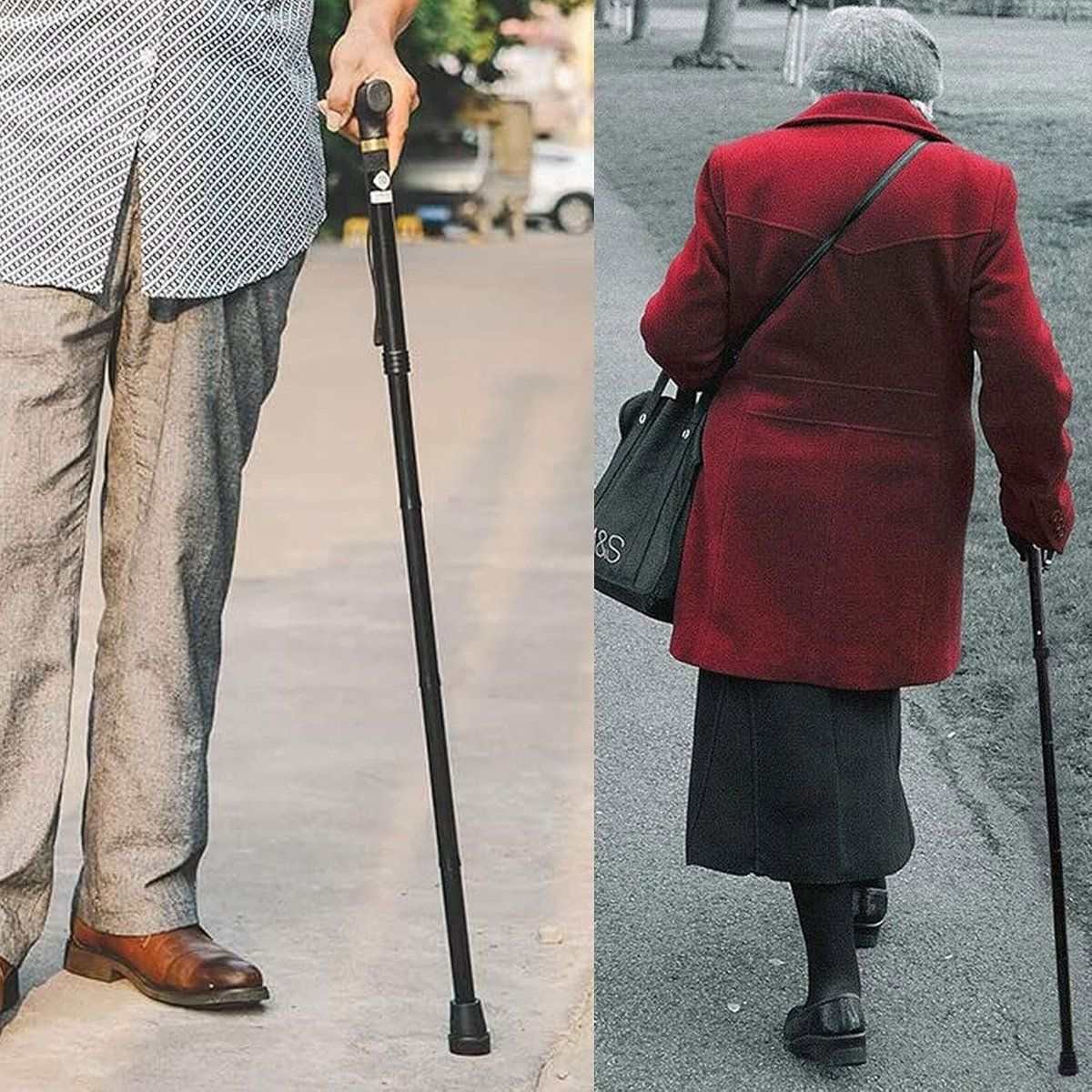 Ergonomic folding walking stick with ultragrip handle, rotatable all-terrain base, and shock-absorbing design for mobility and self-defense
