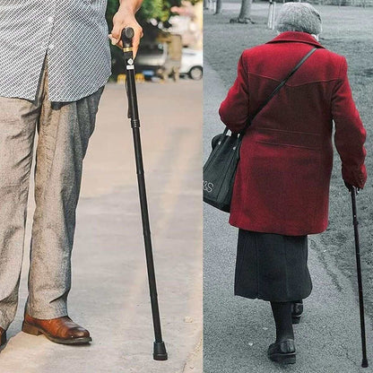 Ergonomic folding walking stick with ultragrip handle, rotatable all-terrain base, and shock-absorbing design for mobility and self-defense