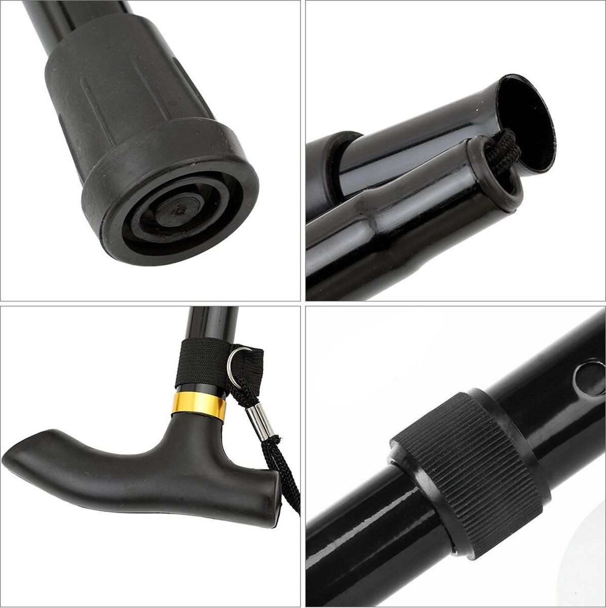 Ergonomic folding walking stick with ultragrip handle, lightweight aluminum frame, and rotatable all-terrain non-slip base for stable mobility support and shock absorption.