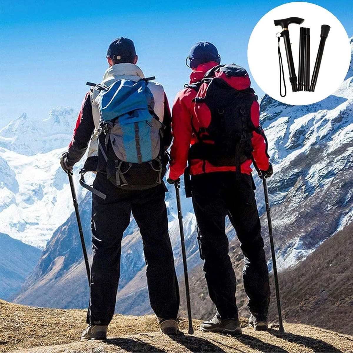 Ergonomic folding walking stick with ultragrip handle, retractable lightweight aluminum frame, and rotatable non-slip base for hiking and self-defense