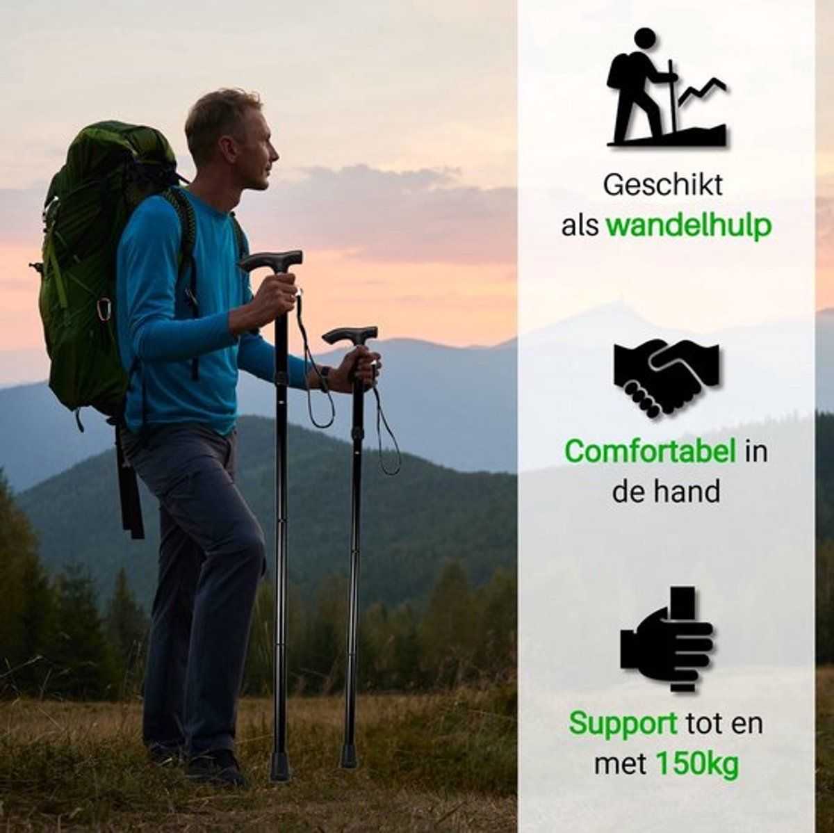 Ergonomic folding walking stick with ultragrip handle, lightweight aluminum frame, and rotatable non-slip base for all-terrain support and shock absorption