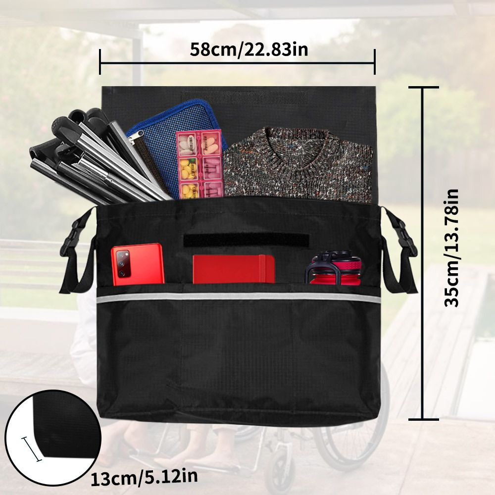 Lightweight waterproof wheelchair bag with reflective stripes and adjustable straps to hang on back for easy access