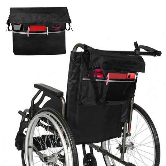 Lightweight waterproof wheelchair bag with reflective stripe hanging on back of wheelchair