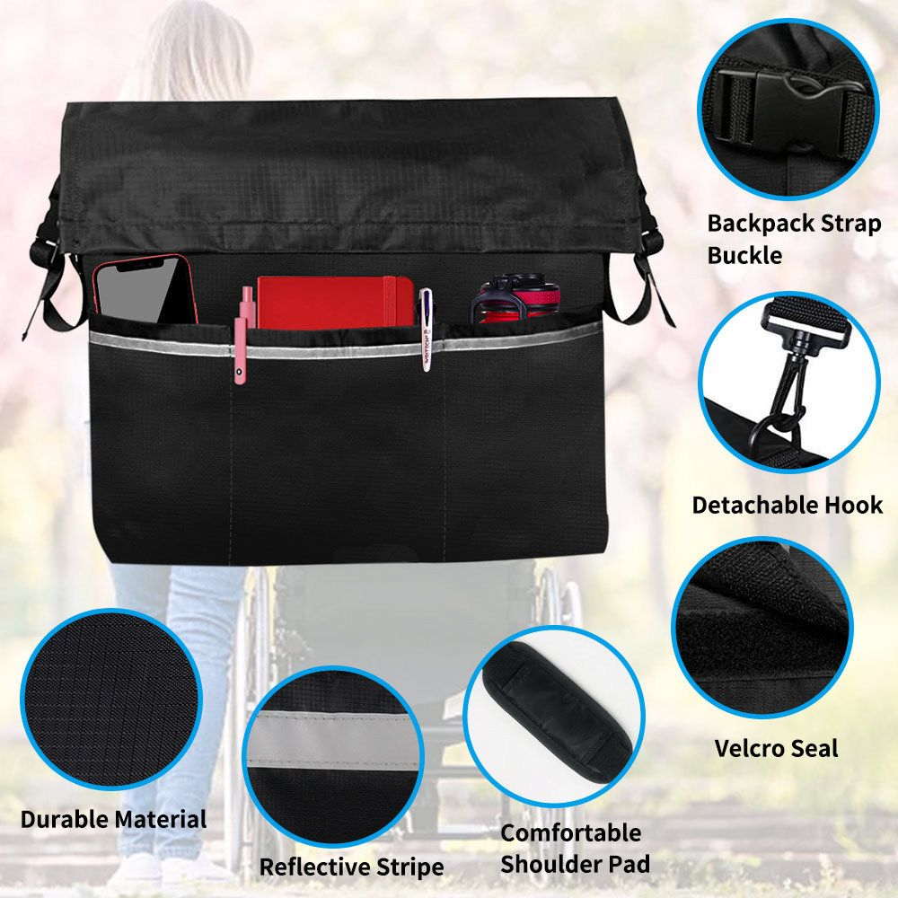 Wheelchair bag to hang on back with reflective stripe, lightweight waterproof polyester, adjustable straps for universal fit