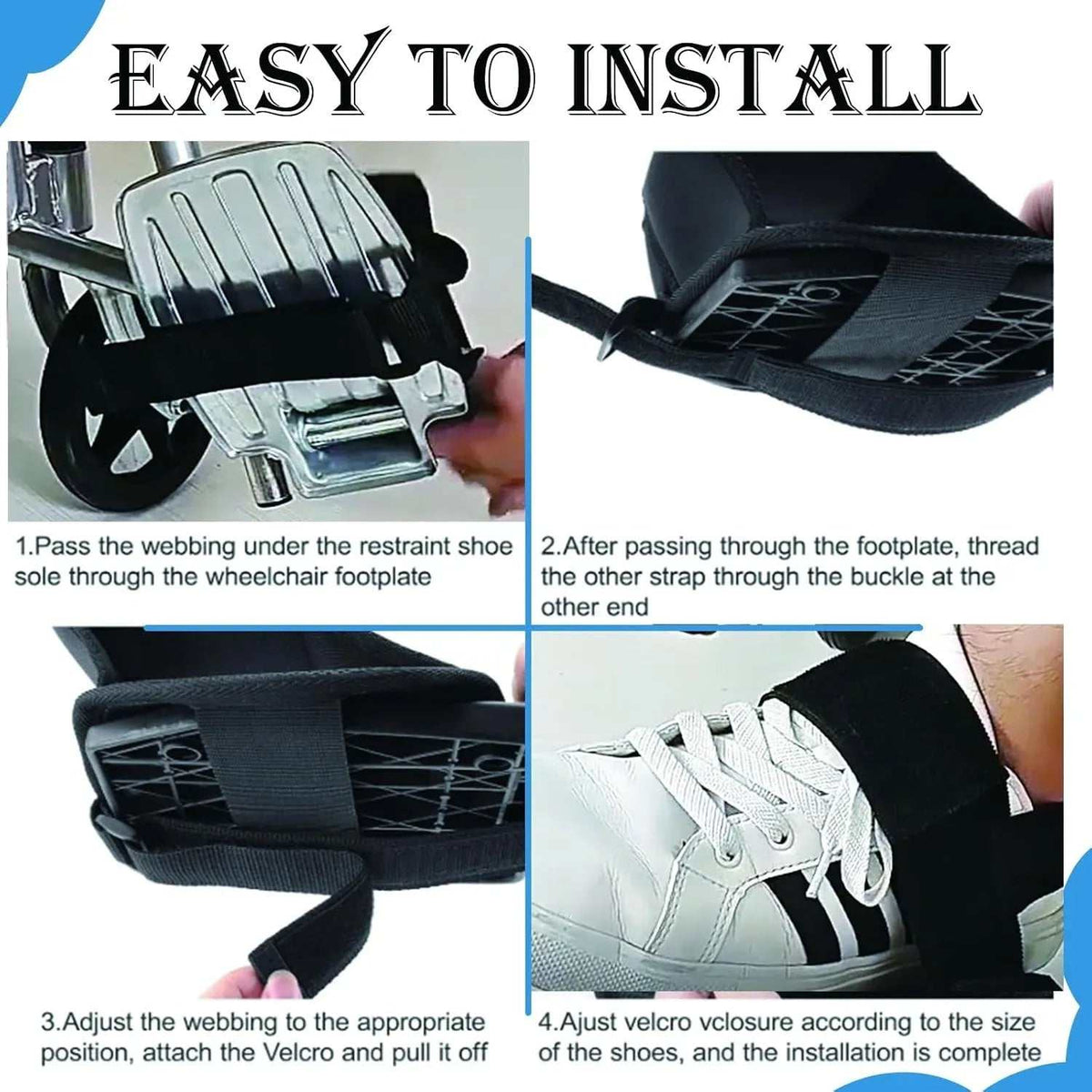 Adjustable wheelchair restraint shoes with breathable fabric, non-slip soles, and hook-and-loop straps for secure foot positioning on wheelchair pedals