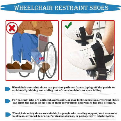 Wheelchair restraint shoes with adjustable footrest straps and non-slip soles for secure positioning on wheelchair pedals