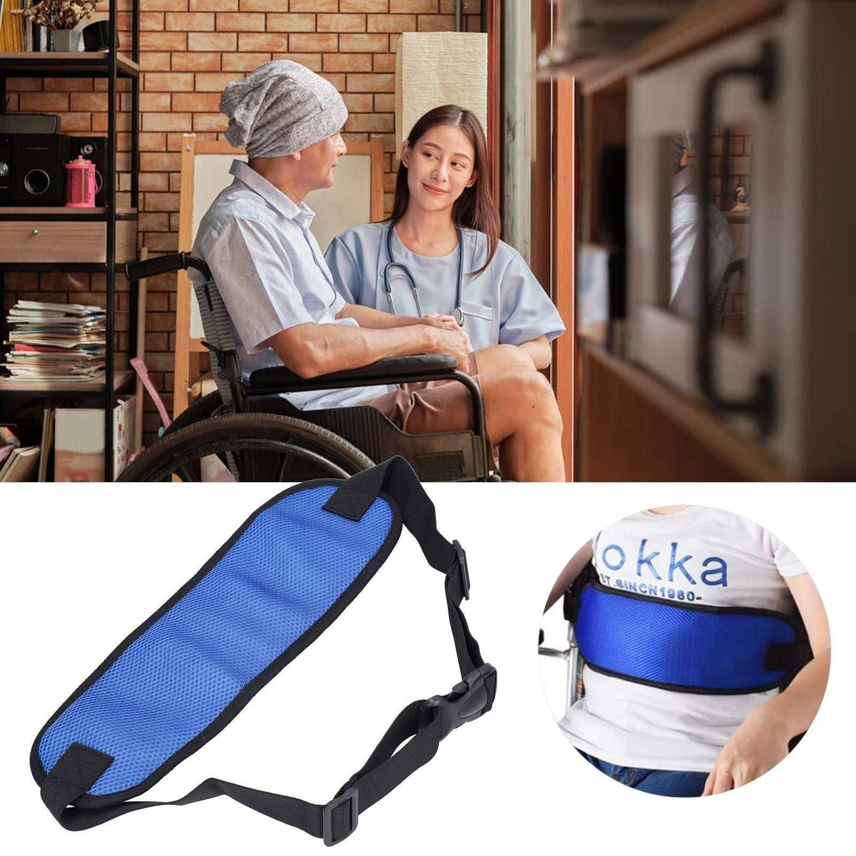 Blue adjustable wheelchair seatbelt with padded mesh fabric for safe and comfortable seating