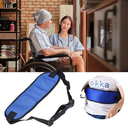 Blue adjustable wheelchair seatbelt with padded mesh fabric for safe and comfortable seating