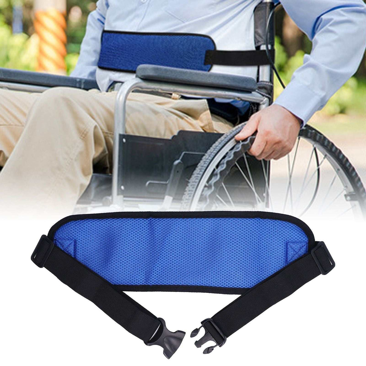 Blue adjustable wheelchair seatbelt with padded mesh fabric for safety and comfort in home and outdoor use