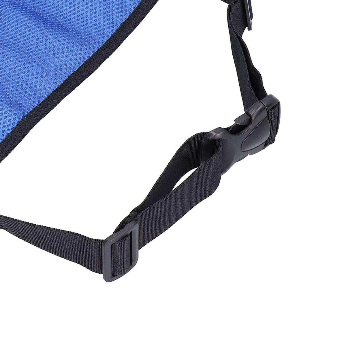 Adjustable blue wheelchair seatbelt with padded mesh fabric for safe, comfortable use and easy installation