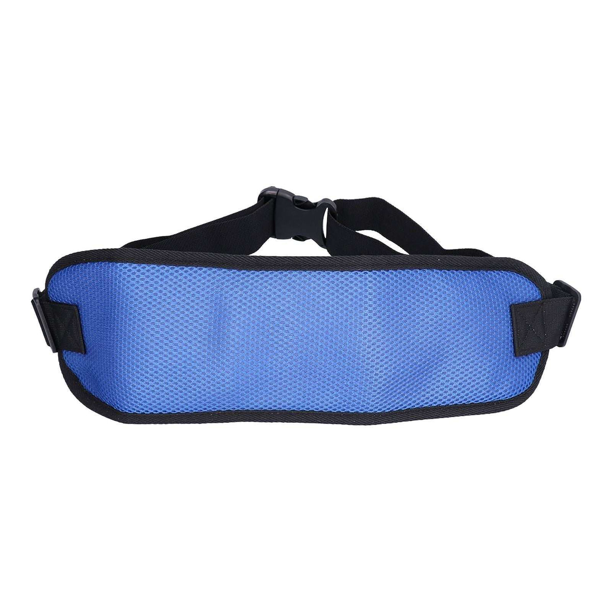 Adjustable blue wheelchair seatbelt with padded mesh fabric for safe, comfortable support and easy installation