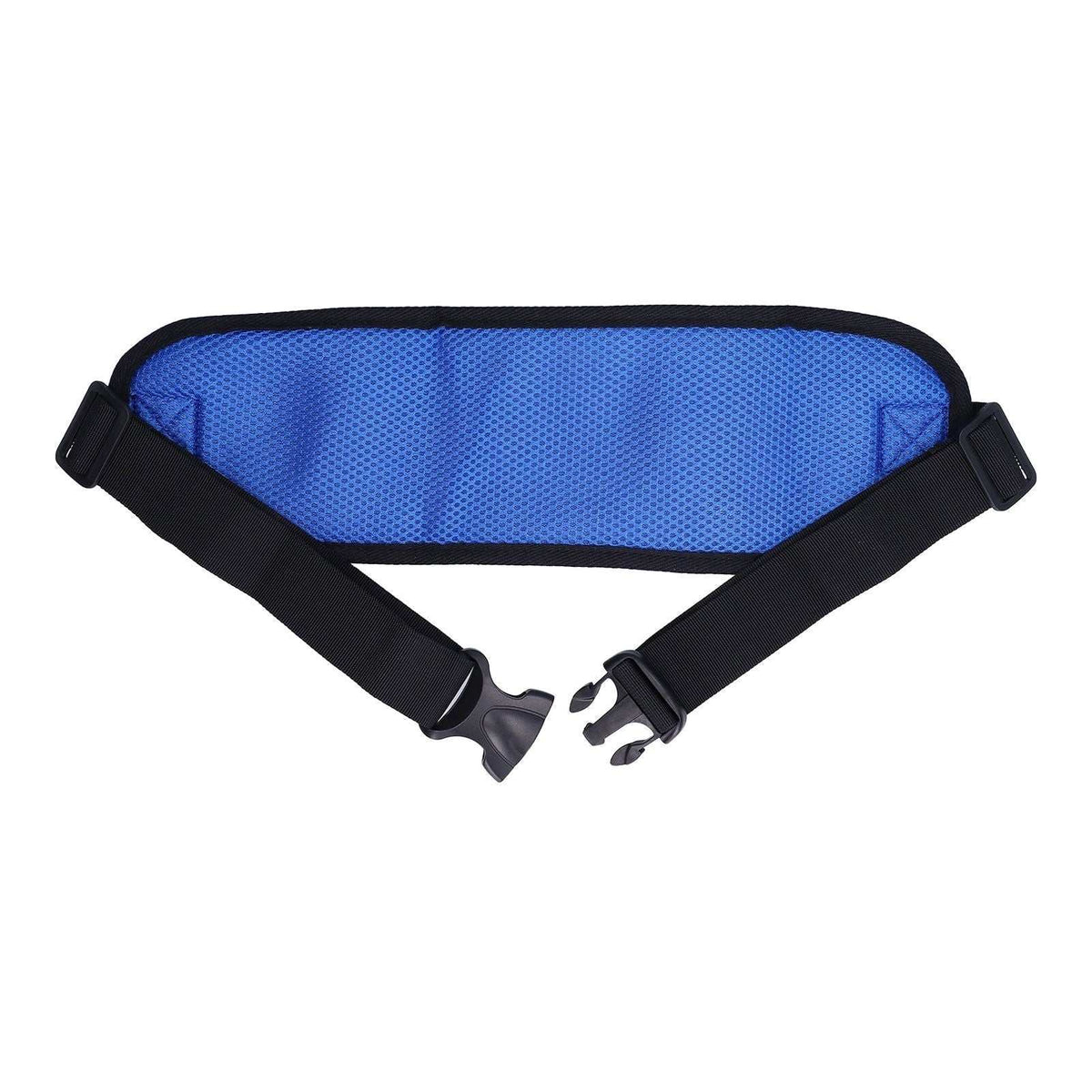 Blue adjustable wheelchair seatbelt with padded mesh fabric for safety and comfort, easy to install with quick release buckle