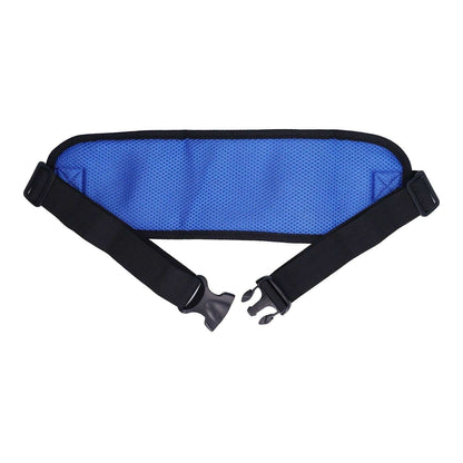 Blue adjustable wheelchair seatbelt with padded mesh fabric for safety and comfort, easy to install with quick release buckle