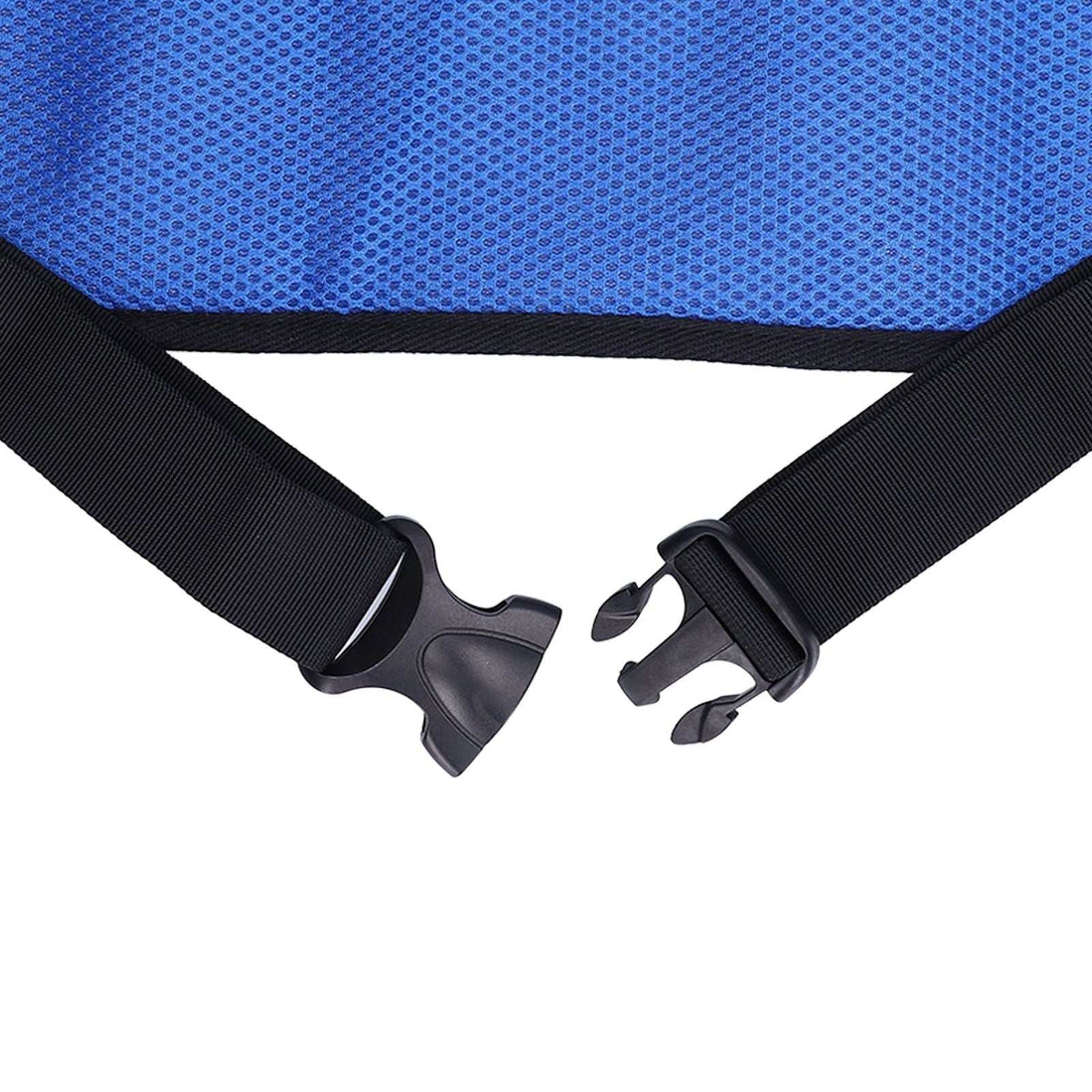 Blue adjustable wheelchair seatbelt with padded mesh fabric for safety and comfort