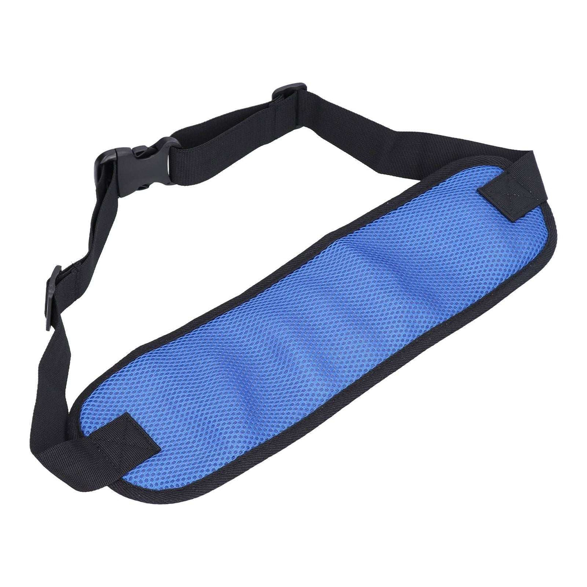 Adjustable blue wheelchair seatbelt with comfortable padded mesh fabric for safety and easy installation