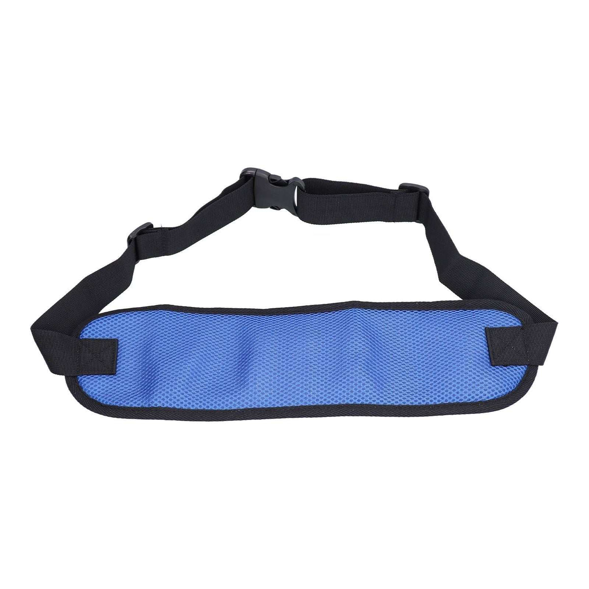 Adjustable blue wheelchair seatbelt with padded mesh fabric for safety and comfort