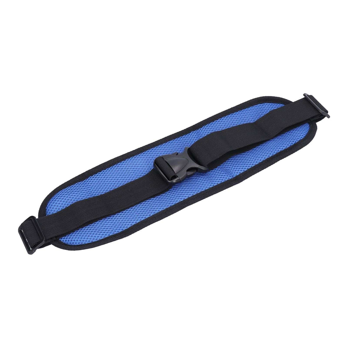 Adjustable blue wheelchair seatbelt with comfortable padded mesh fabric for safety and easy installation
