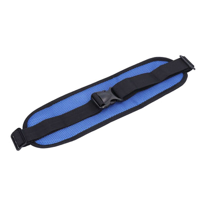 Adjustable blue wheelchair seatbelt with comfortable padded mesh fabric for safety and easy installation