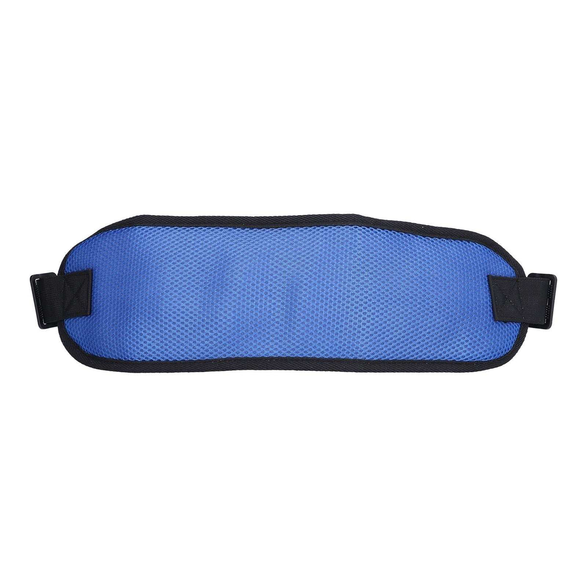 Blue adjustable wheelchair seatbelt with padded mesh fabric for safety and comfort
