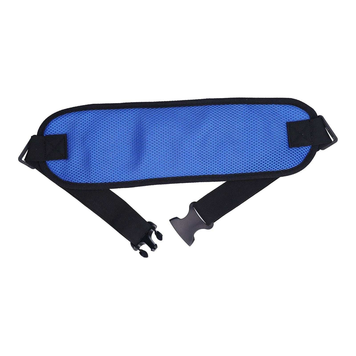 Blue adjustable wheelchair seatbelt with padded mesh fabric for safety and comfort
