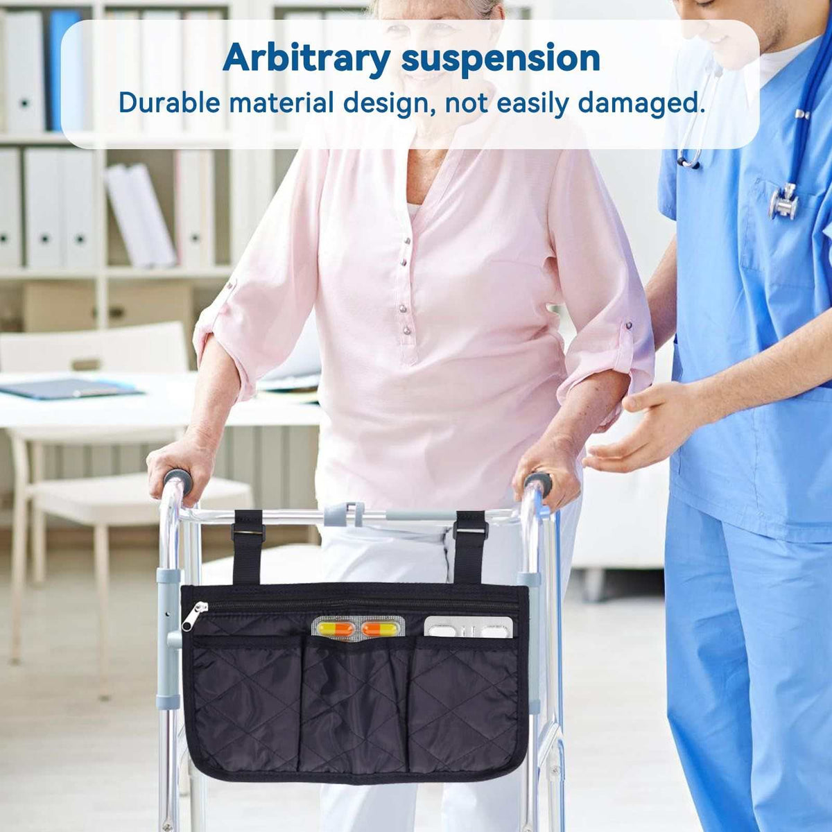 Black wheelchair side bag with 4 pockets hanging on wheelchair armrest for easy access and storage