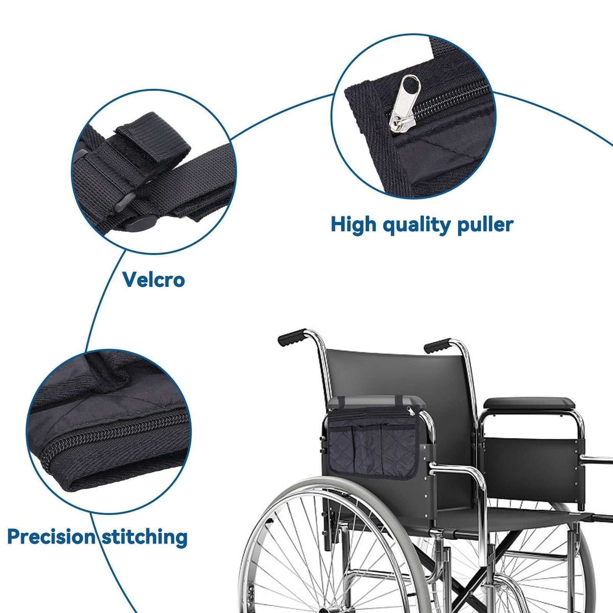 Black wheelchair side bag with 4 pockets for wheelchairs and walkers, lightweight and durable organizer pouch
