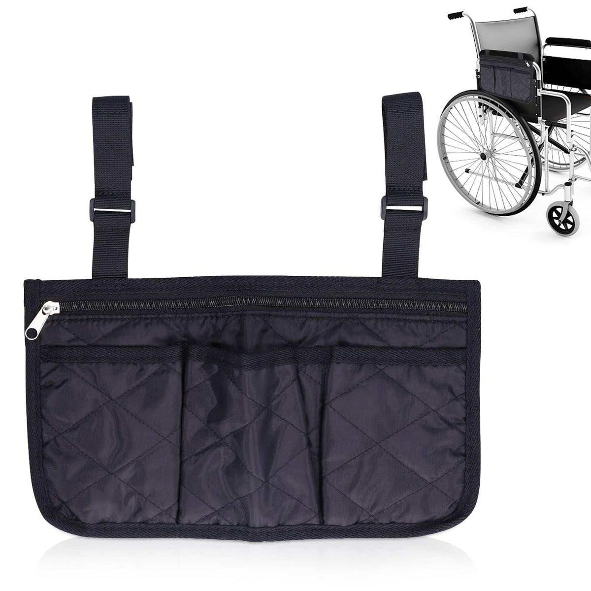 Black wheelchair side bag with 4 pockets, hanging pouch for wheelchair and walker accessories